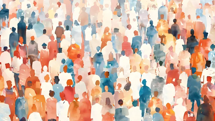 A watercolour painting of a crowd