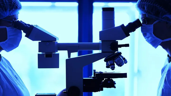 Scientists using microscopes